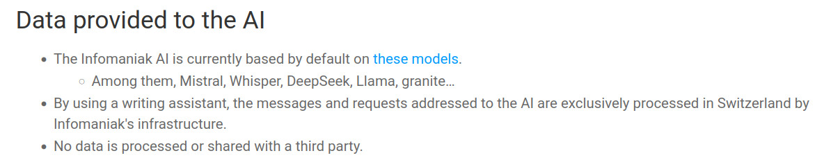 Screenshot from Euria knowledge base, with a list of models used by Euria, including LLama and DeepSeek