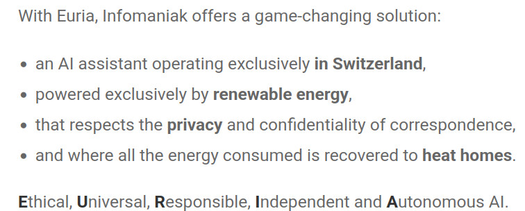 Screenshot from Euria's announcement page, detailing all the good properties of privacy, sovereignty and enviromentalism that Euria has
