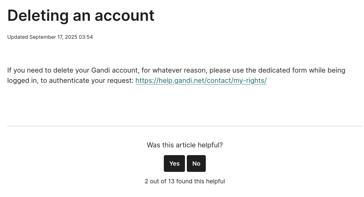 Screenshot from the Gandi.net user panel for deleting an account, which redirects you to another 'my rights' form.