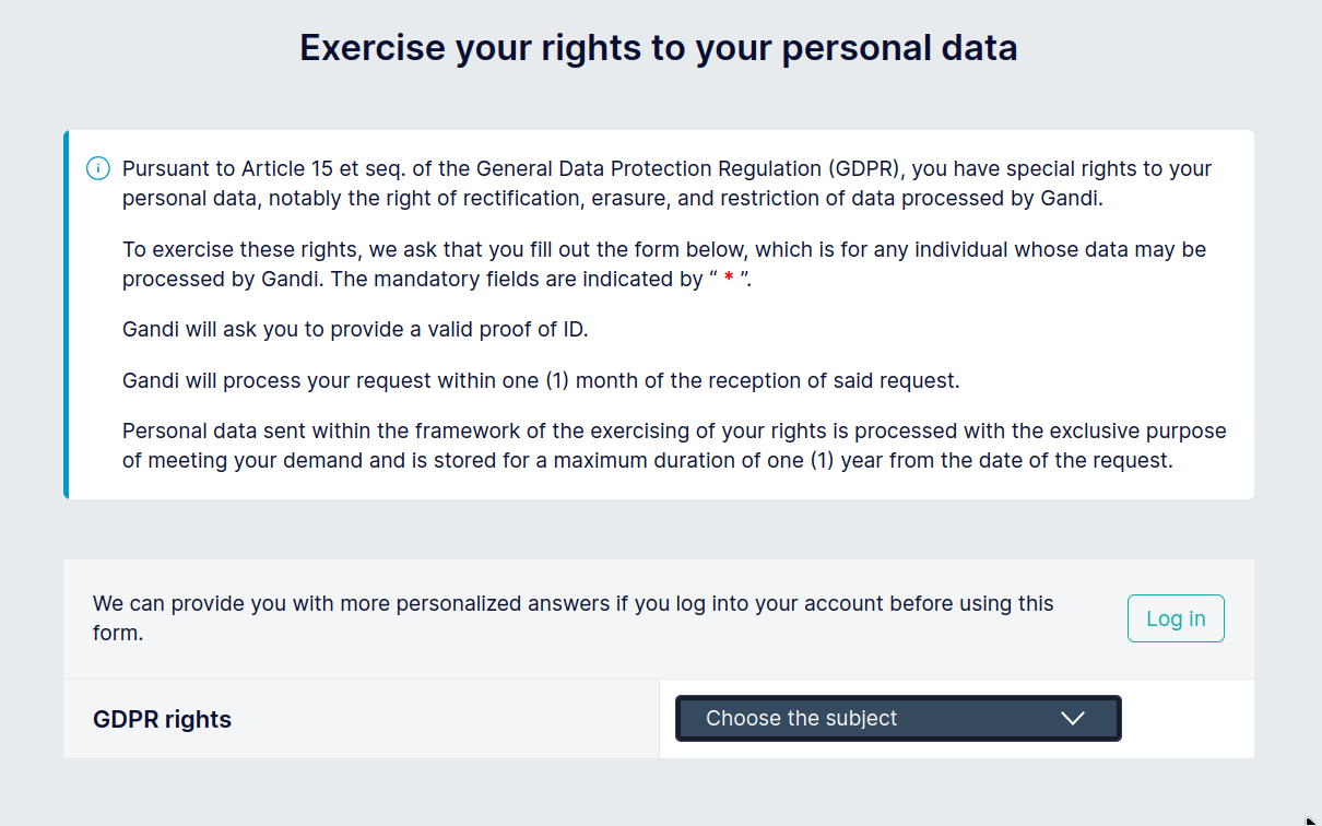 Screenshot from the Gandi.net GDPR request form, which asks you, among other things, to provide a valid ID even if you are already logged in.